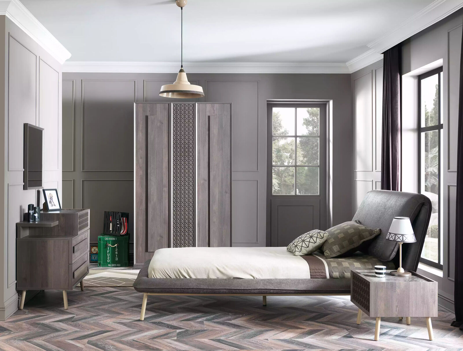 Set upholstered bed youth bed bed bed frame bed set 5pcs wood grey new