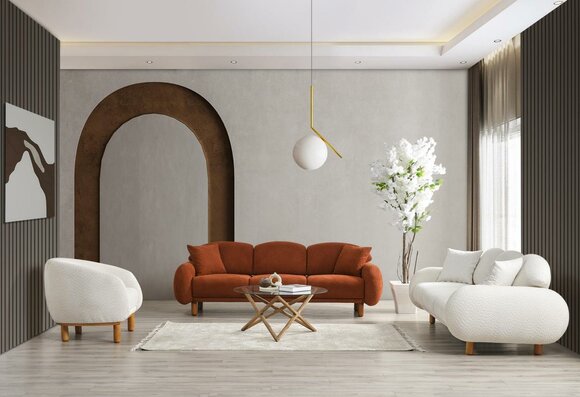 White sofa set, stylish three-seater, single-seater upholstered fabric sofas