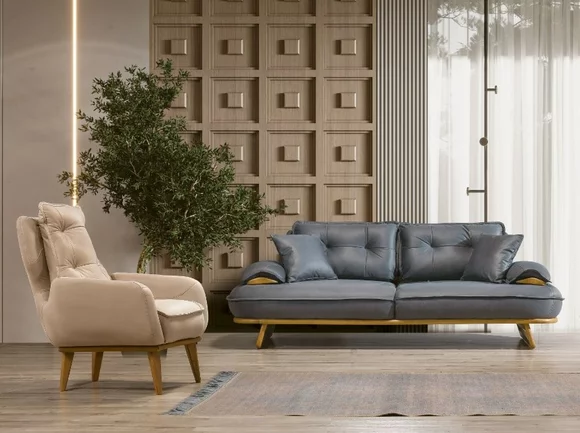 Stylish grey-beige sofa set Designer 3-seater Luxurious 1-seater