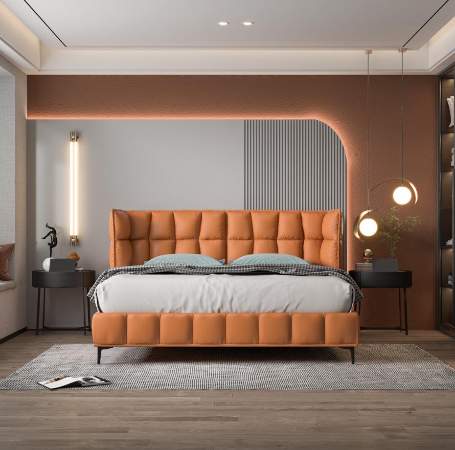 Orange double bed bedroom furniture textile beds wooden frame stylish