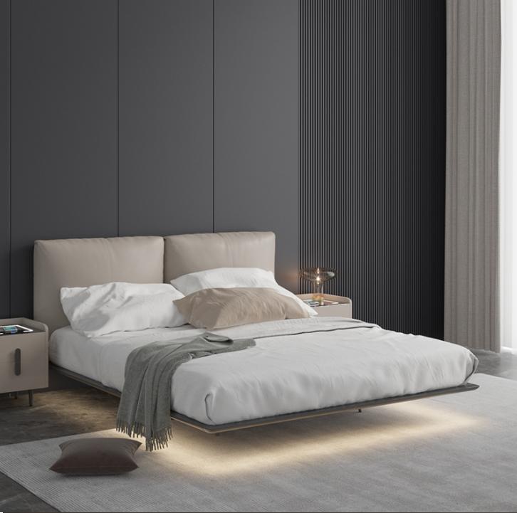 Light gray bedroom wall bed LED bed designer wooden double beds