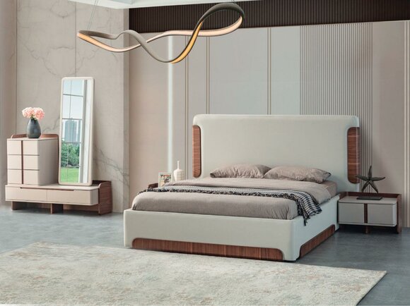 Stylish beige bedroom furniture upholstered double bed dressing table 5 pieces
