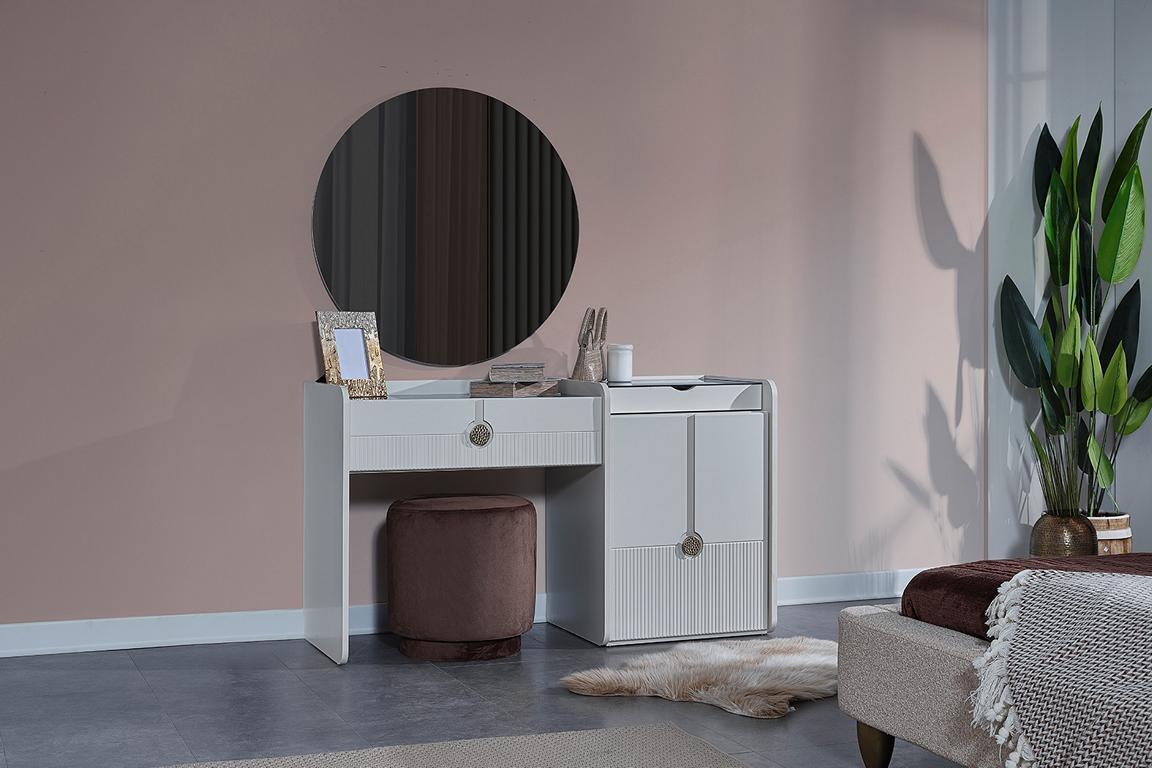 White Dressing Table Stylish Mirror Round Mirror Cosmetic Table 2 Pieces