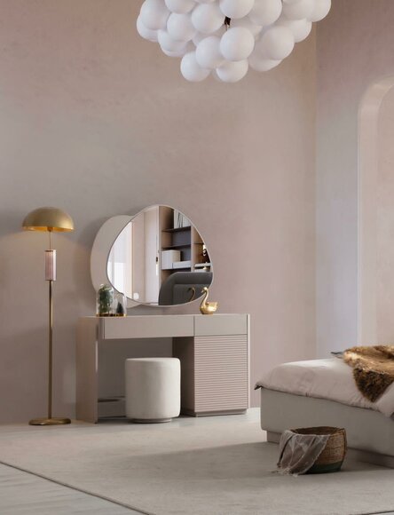 Stylish beige dressing table. Luxurious cosmetic table. Noble wooden furniture