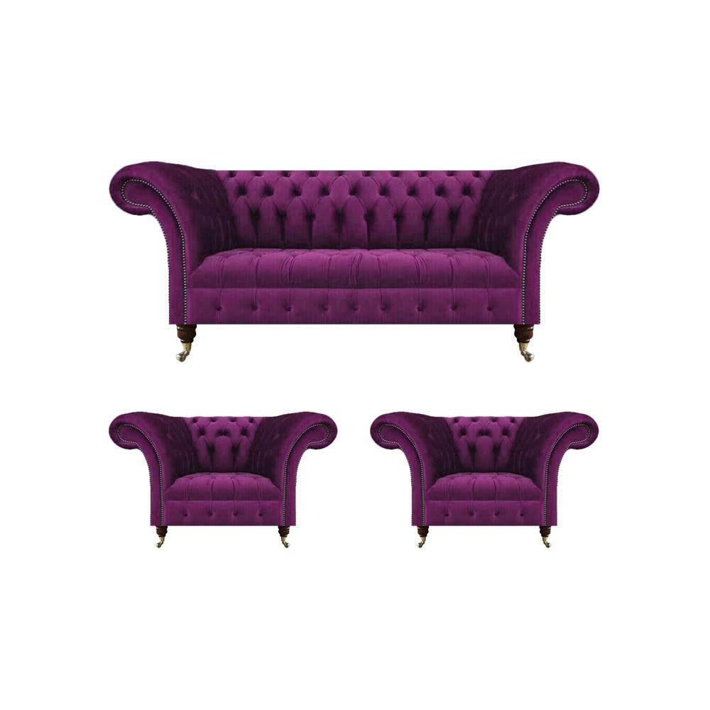 Purple Sofa Set 3-Piece Chesterfield Living Room Luxury Textile Furniture Upholstered Sofa