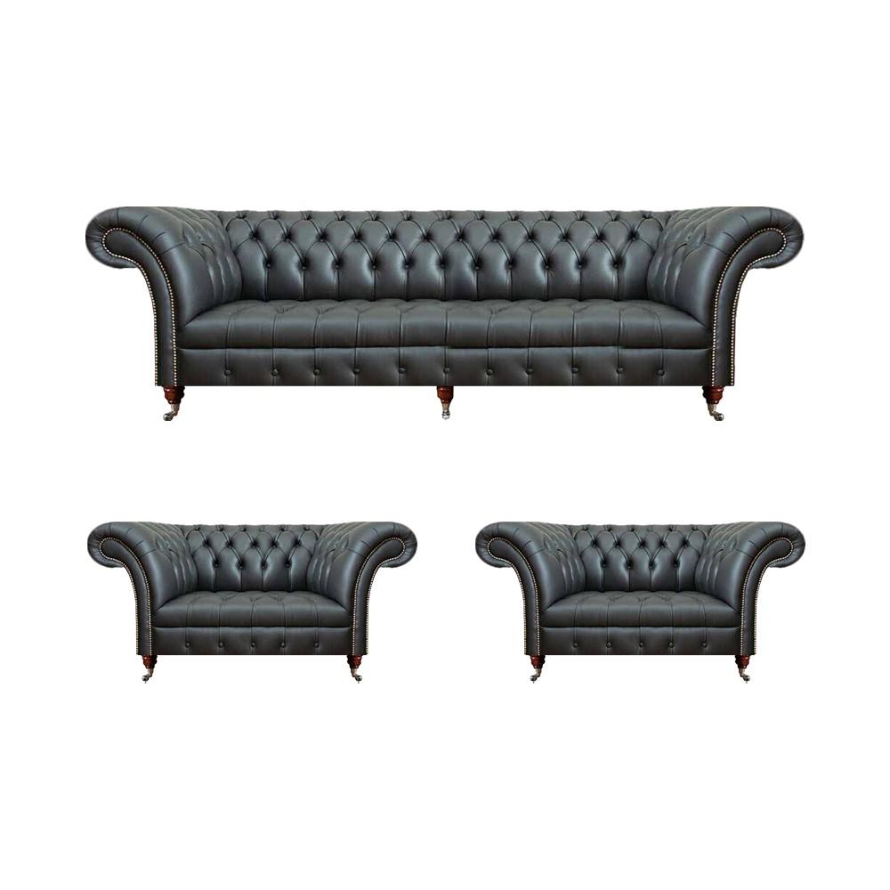 Leather sofa set 3-piece sofa three-seater couch 2x armchairs living room Chesterfield