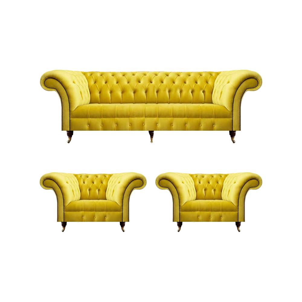 Chesterfield Yellow Sofa Set 3 Pieces Textile Fabric Upholstered Furniture Armchair New Furniture