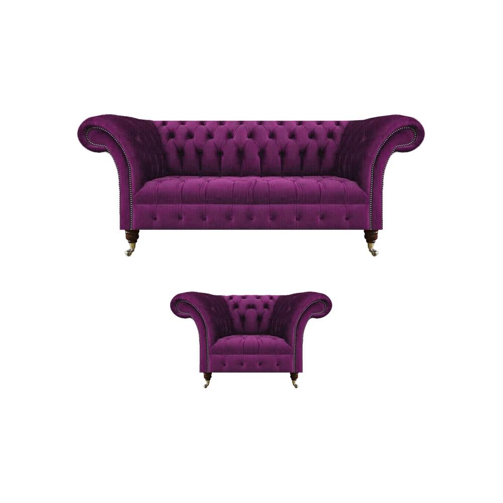 Chesterfield Purple Sofa Couch Three Seats Living Room Armchair Textile Furniture Upholstery
