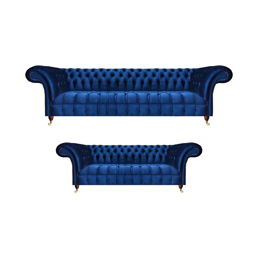 Luxury Blue Sofa Set 2 Pieces Complete Furniture Chesterfield Living Room New