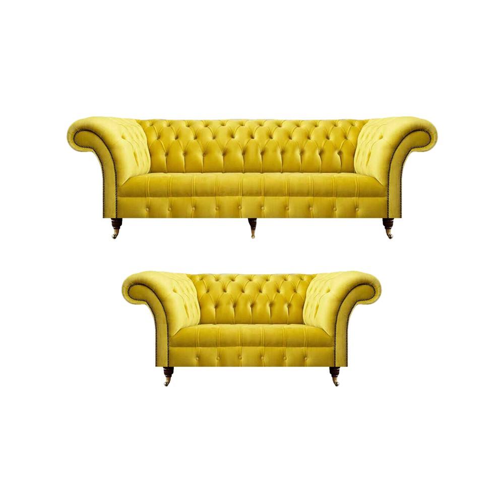 Living room yellow 2x sofas three-seater and two-seater couch textile Chesterfield