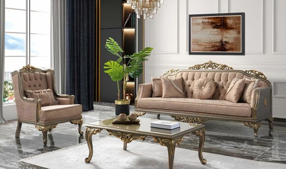 Chesterfield sofa set three seater armchair fabric coffee table beige new