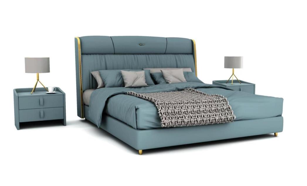 Blue bedroom double bed designer furniture LED bed wood textile beds