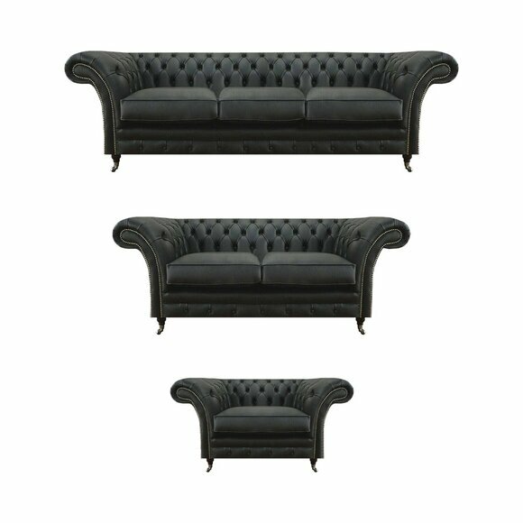 Chesterfield Black Upholstered Furniture Living Room 3pcs Modern Furnishing