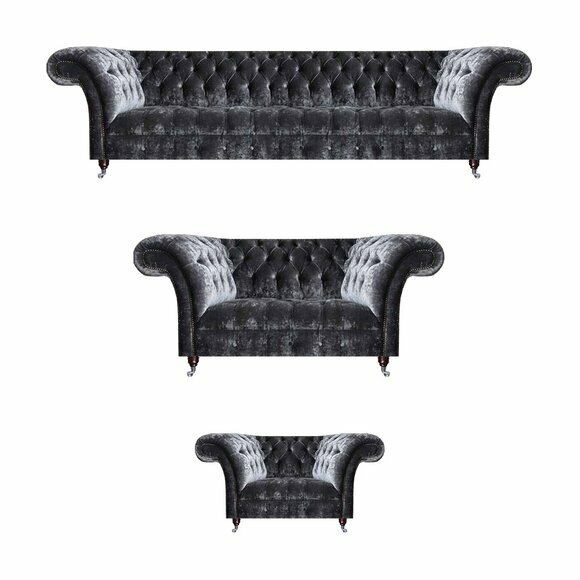Grey Chesterfield upholstered furniture designer couches luxury four-seater 3-piece