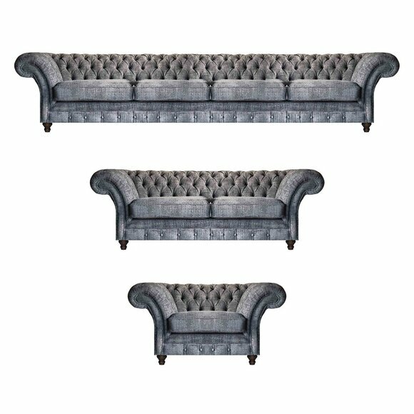 Grey Chesterfield Set Designer Couches Luxury 4-Seater Sofa Armchair 3pcs