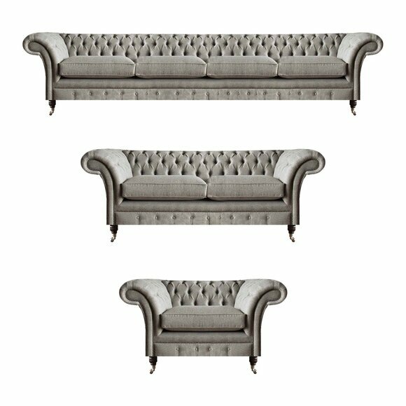 Chesterfield Light Grey Fabric Sofas Set Living Room Upholstery Furniture