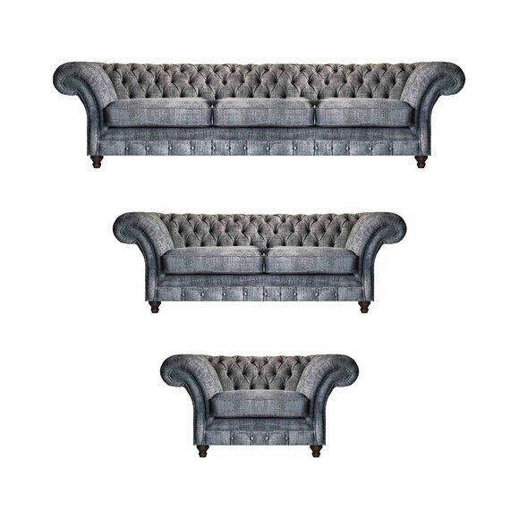 Chesterfield Grey Textile Set Living Room Sofas Designer Couches