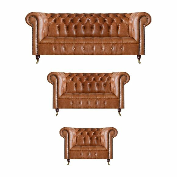 Brown Chesterfield leather sofas designer living room couches furniture 3pcs