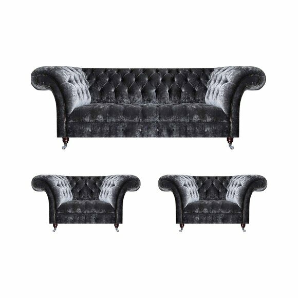 Elegant grey Chesterfield upholstered sofas Modern 3-seater 2x textile armchairs
