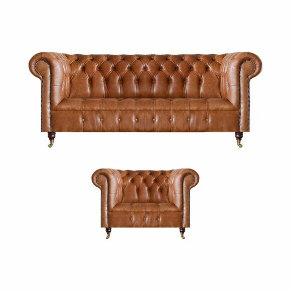 Brown Stylish Chesterfield Leather Sofas Complete Couch Set 2pcs