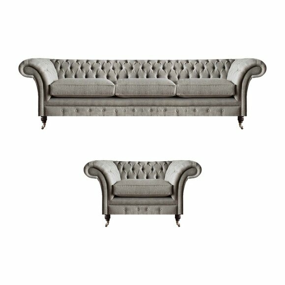 Grey Chesterfield textile sofas Elegant living room 3-seater upholstered armchair