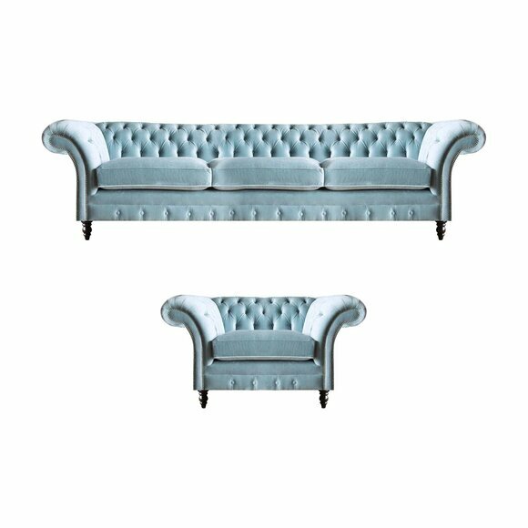 Stylish Chesterfield Blue Seating Set Elegant Furniture Three Seater Armchair