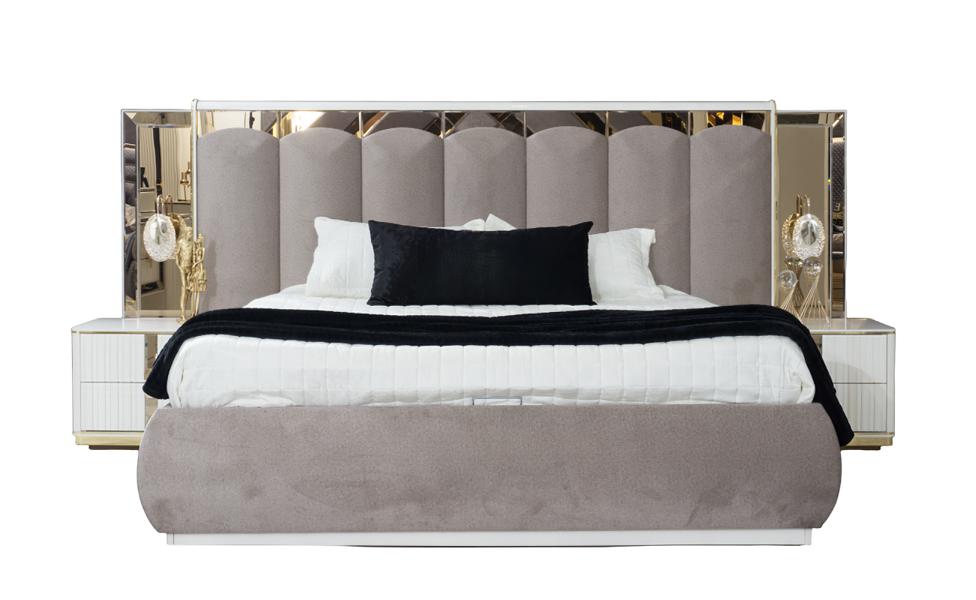 Double bed white bedside table pink bedroom set wood fabric glass stainless steel