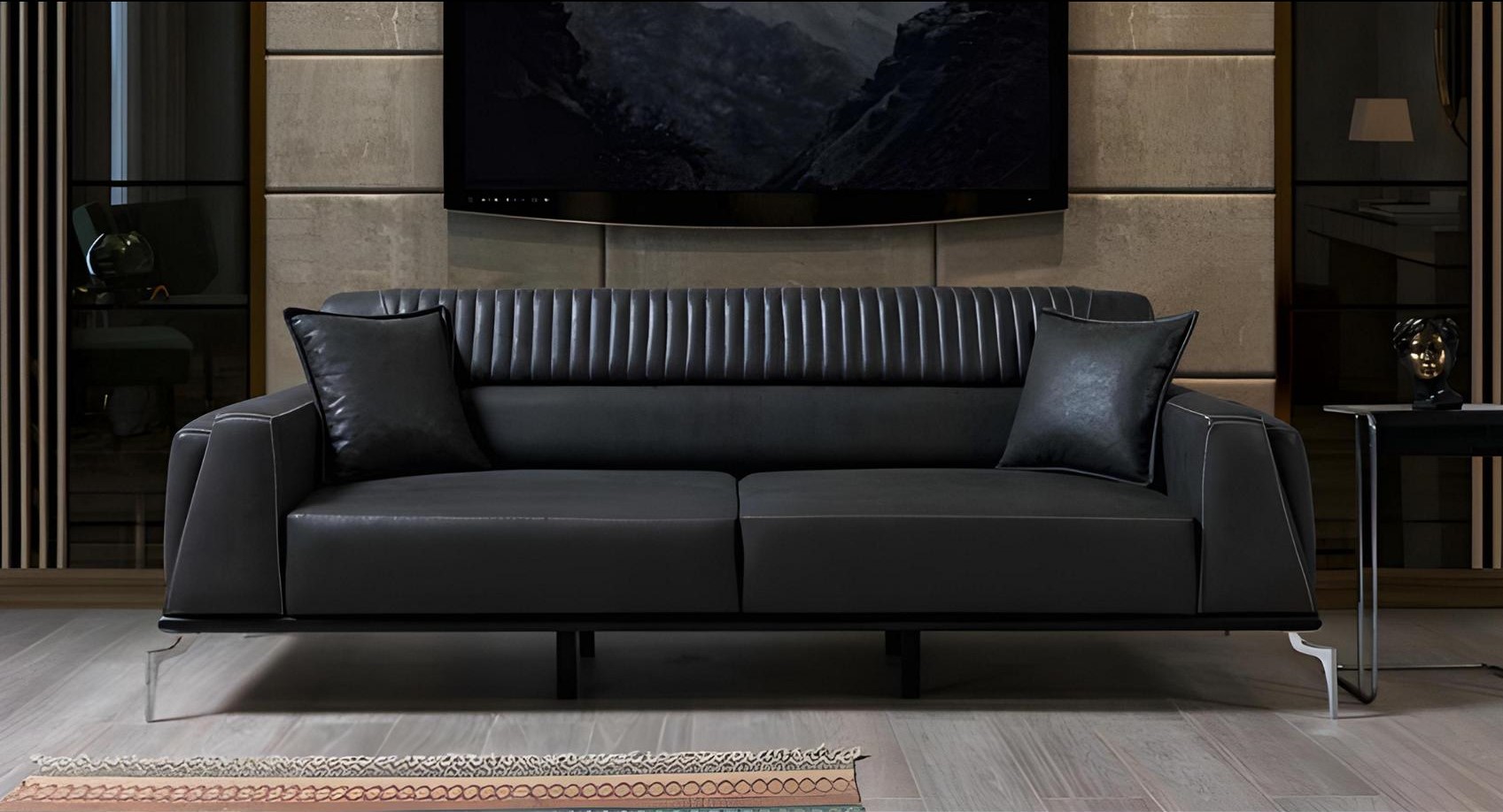 Black leather sofa Modern 3-seater living room seat couches upholstered furniture