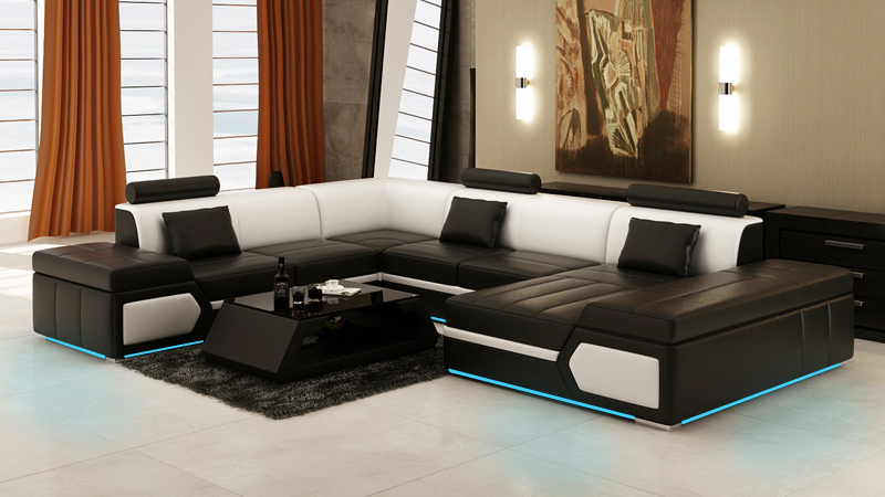 Leather sofa living landscape corner sofa set modern design black + USB