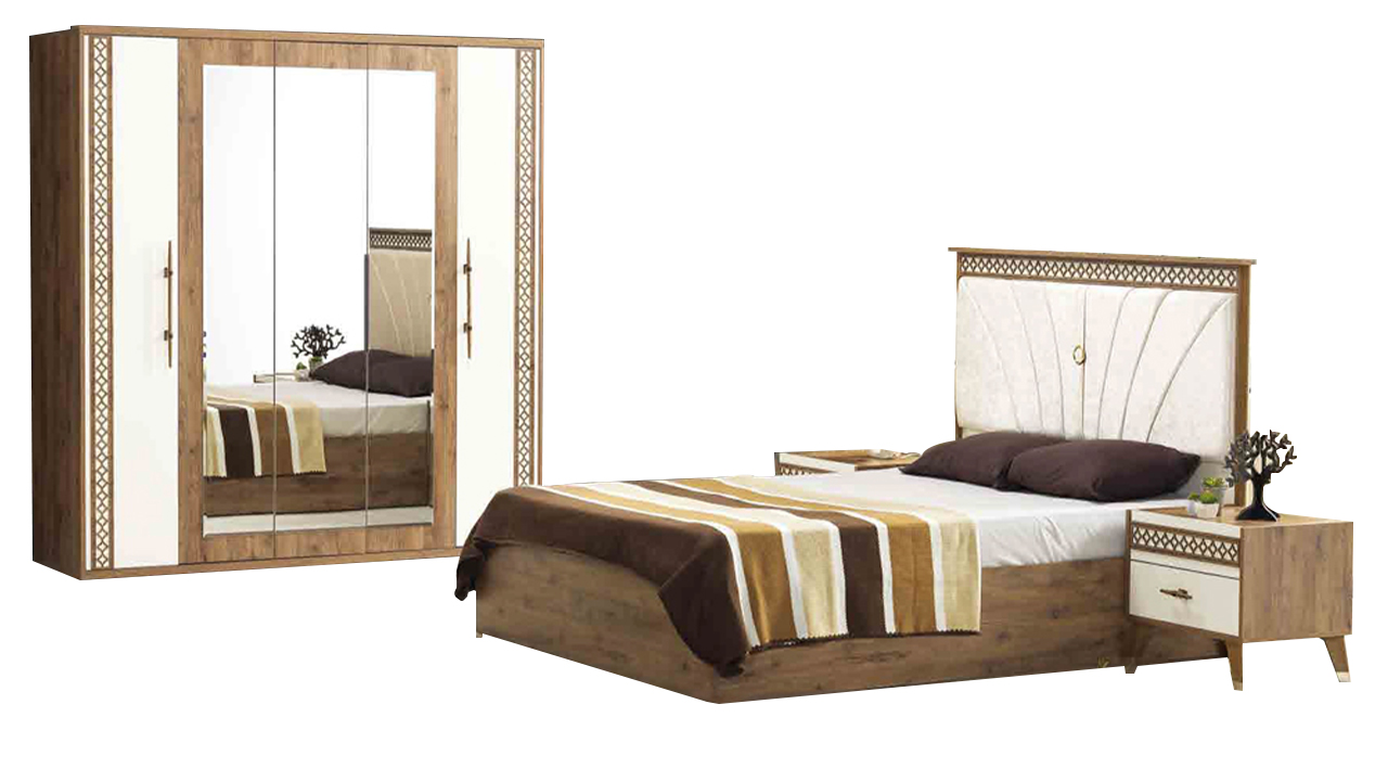 Double bed bedroom set nightstands bed 4 pieces brown wardrobe