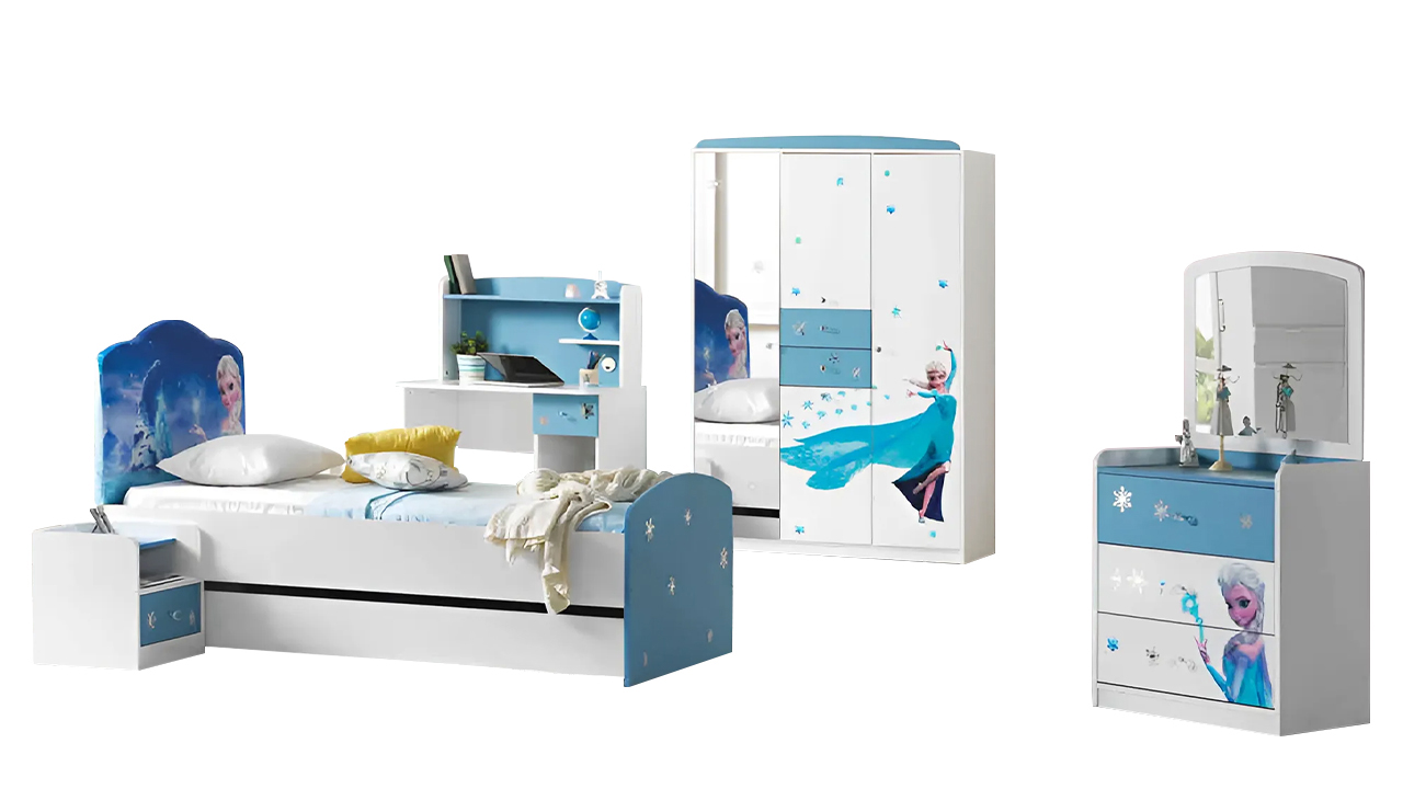 Complete children\'s room bed wardrobe tables 5-piece blue wood bunk bed