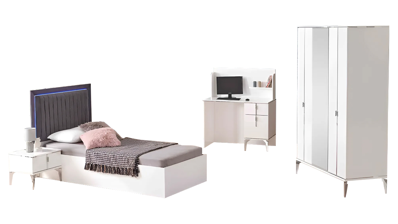 Complete children\'s room bed wardrobe desk 3-piece white wood design