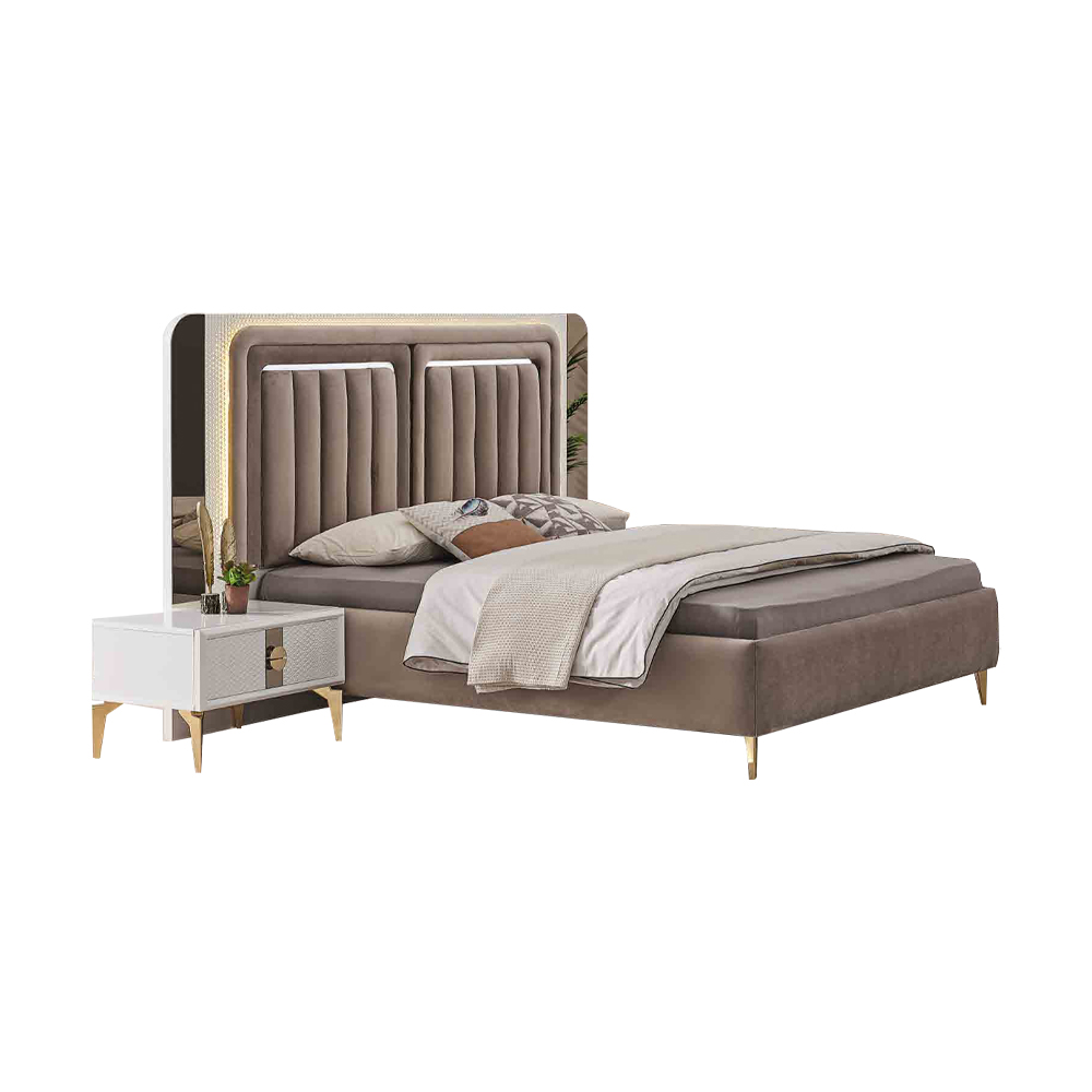 Brown-White Bedroom Set Designer Double Bed 2 Nightstands 3-piece