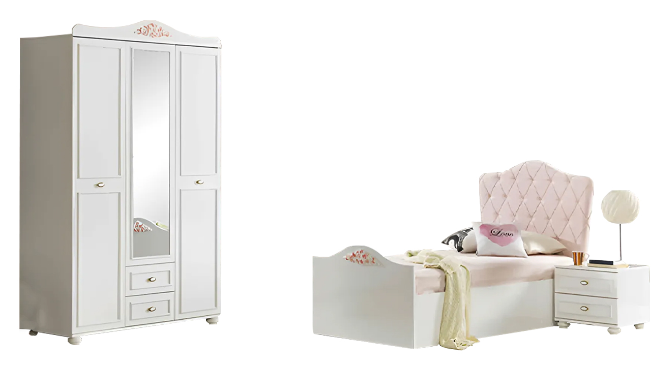 Children\'s room children\'s bed nightstand wooden children\'s furniture wardrobe 3-piece white