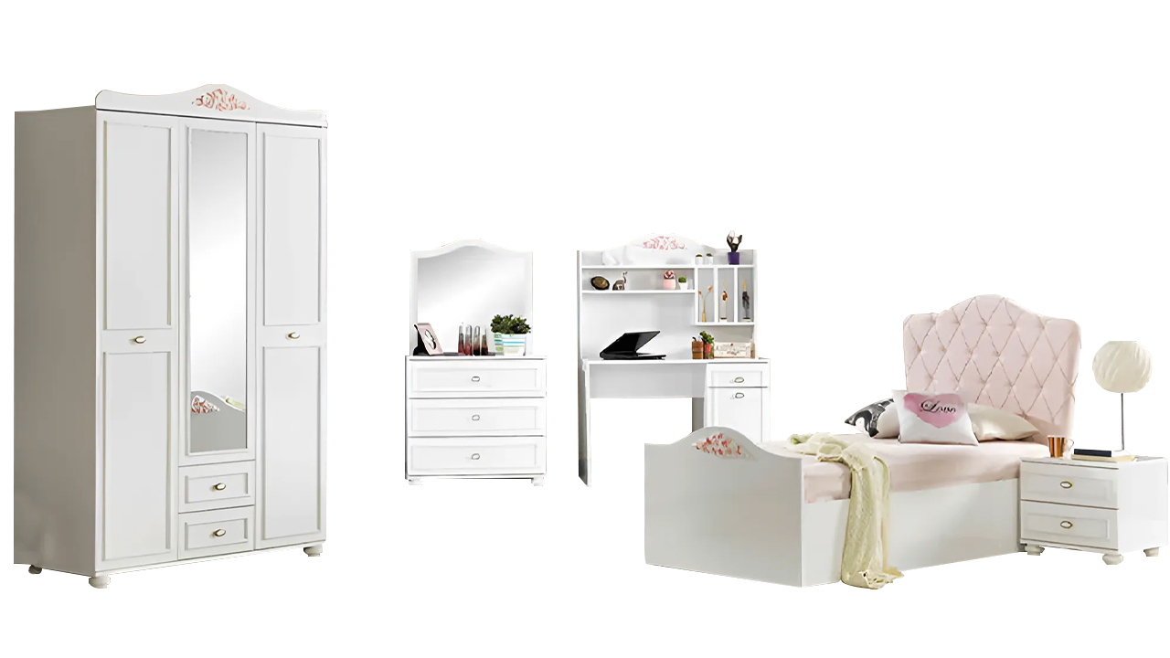 Children\'s furniture children\'s bed nightstand wooden chest of drawers 5 pieces white children\'s room