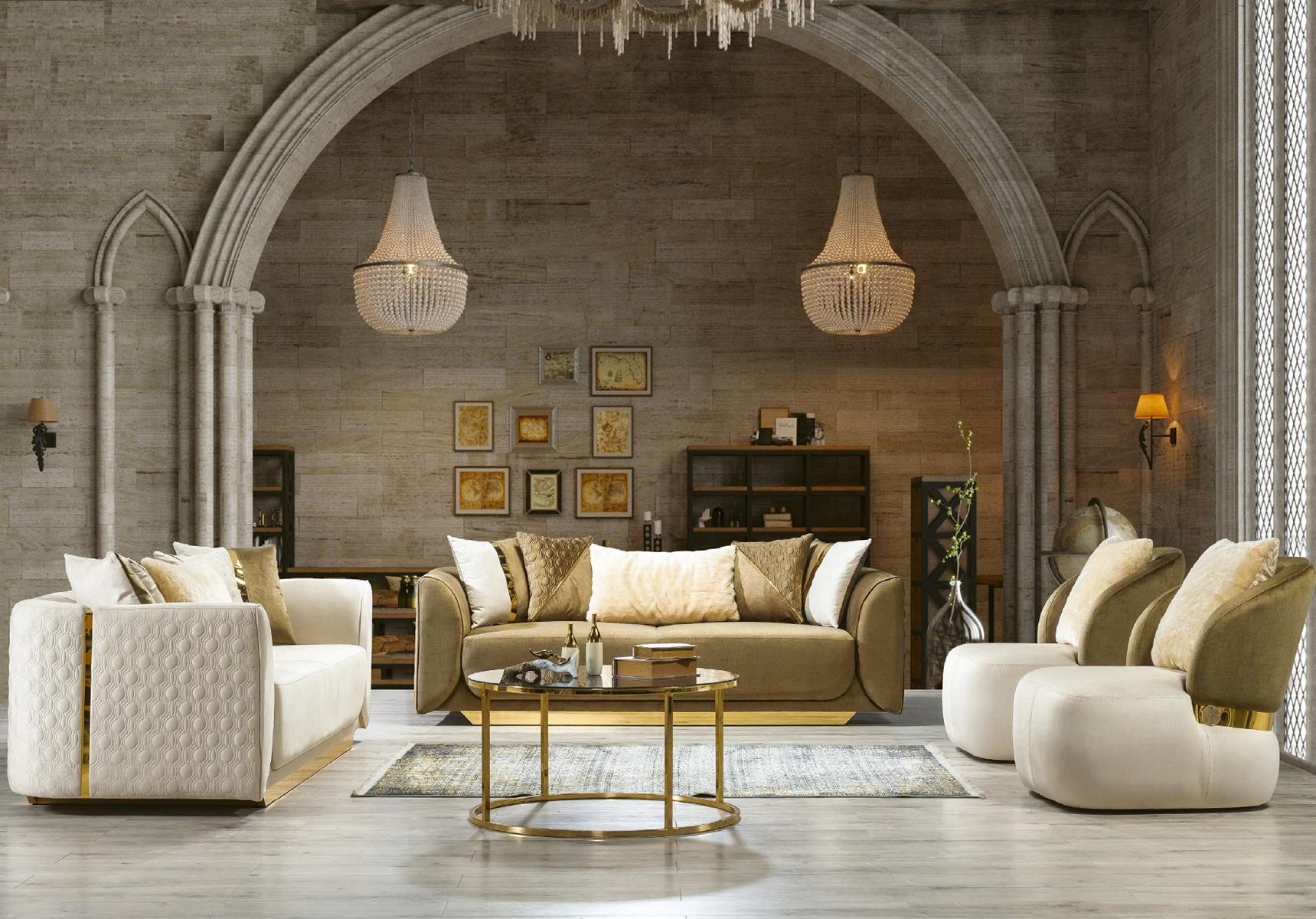 Modern living room set: 2 luxurious soft sofas + 2 modern white armchairs, new.