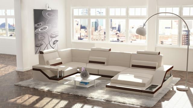 Corner sofa set with USB cushions, upholstered textile leather sofas.