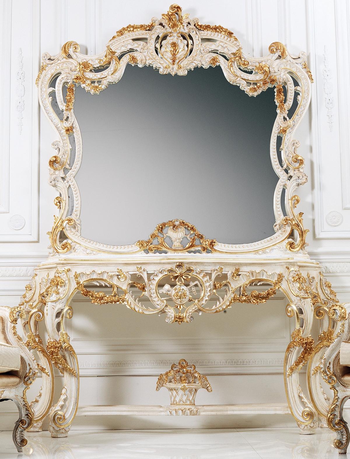 Classic mirror makeup table console table white wood bedroom furniture 2 pieces