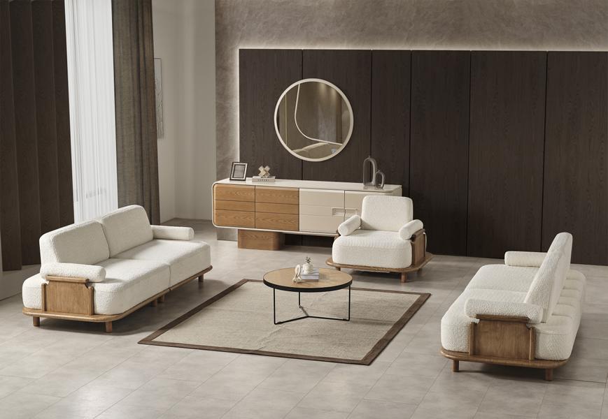 Living Room Set Sofa 3-Seater Armchair Console Mirror White Fabric Glass Modern