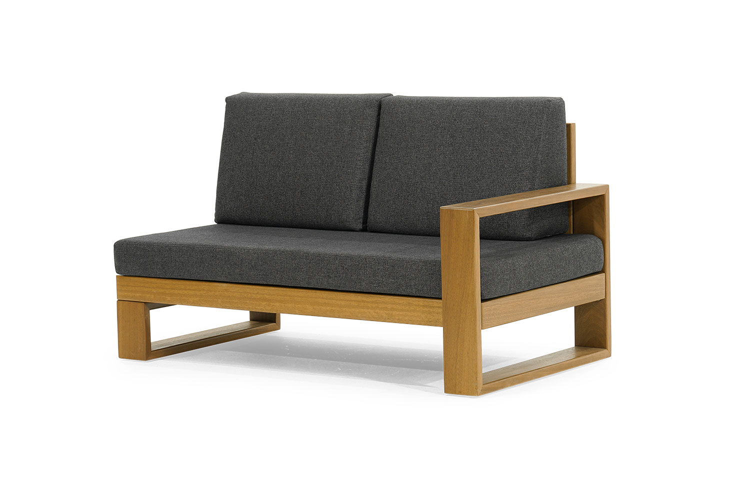 Dark gray two-seater designer garden furniture with wooden frame, robust furniture.