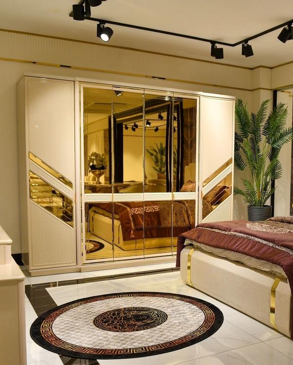 Wardrobe with mirror doors, fabric wardrobe, beige and gold, bedroom.