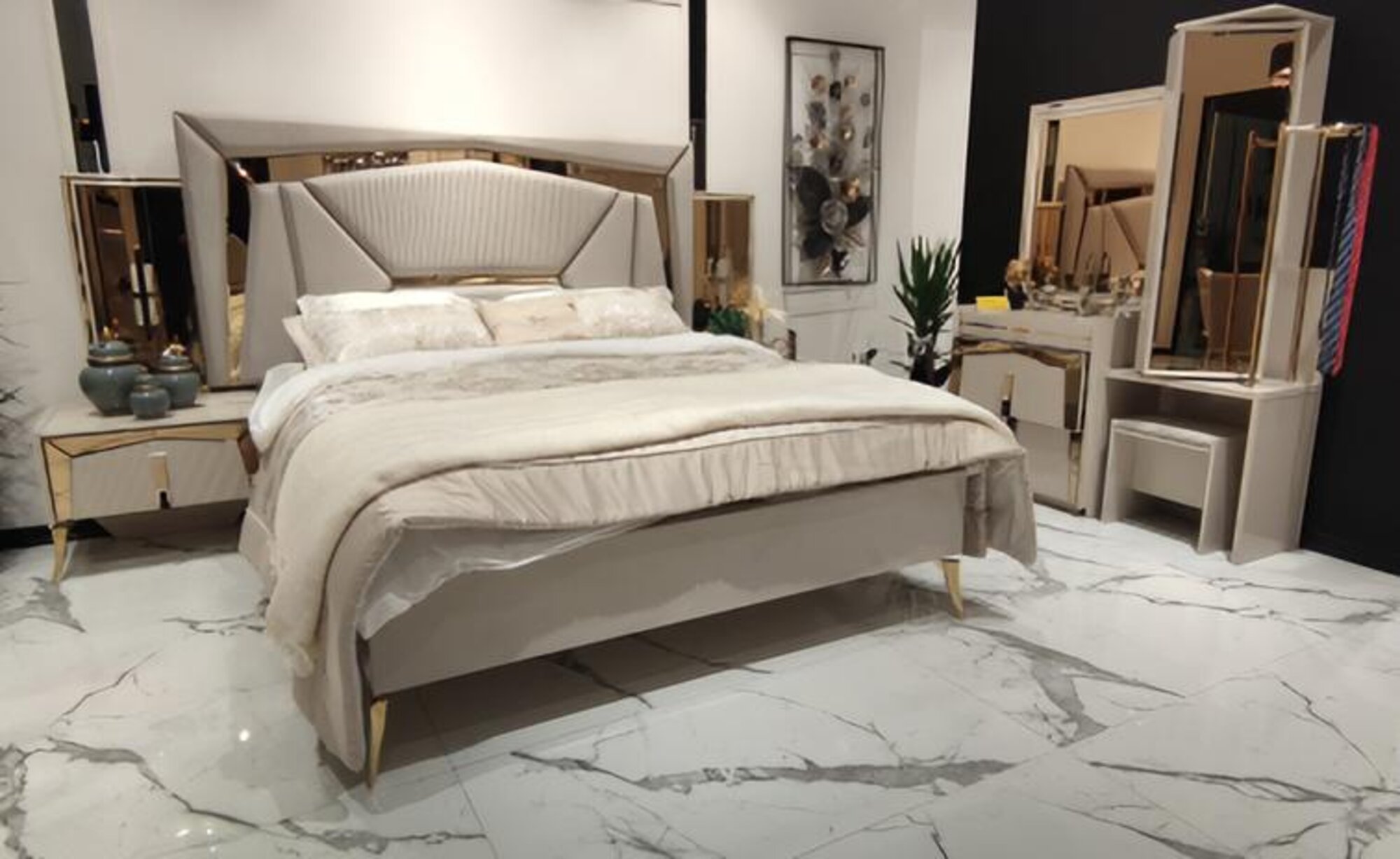 Double bed nightstands with mirror dressing table beige gold bedroom