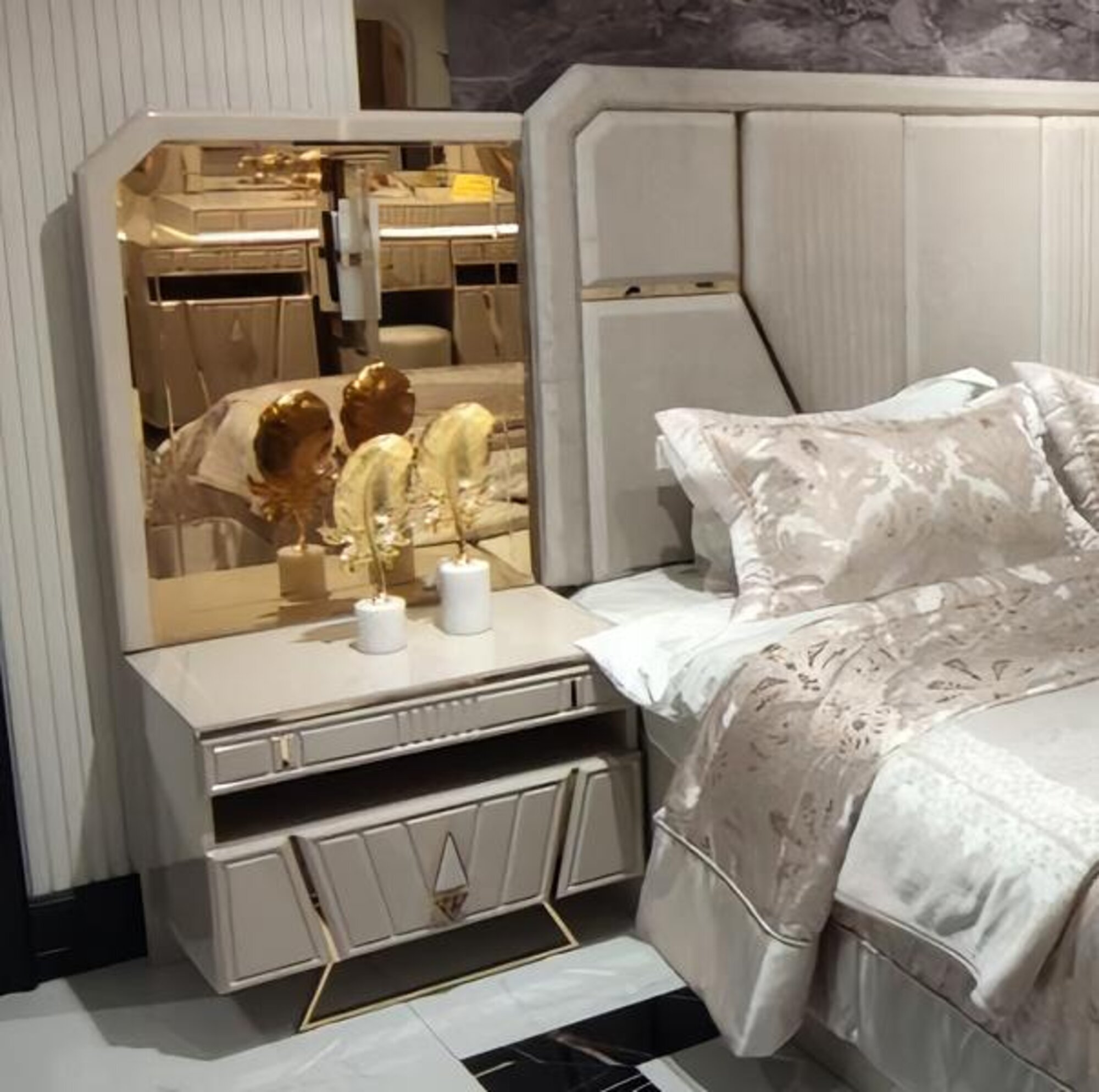 Nightstand with Mirror Night Cabinet Beige Gold Bedroom Furniture Wood