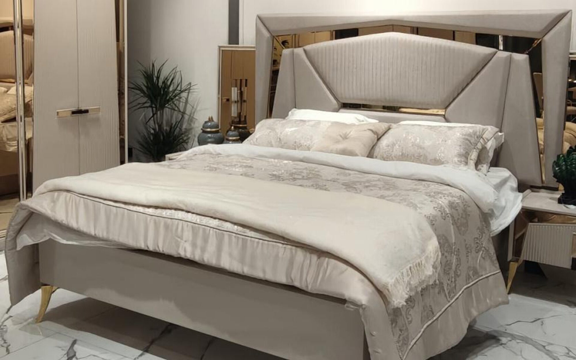 Bedroom bed bed frame high headboard beige gold mirror