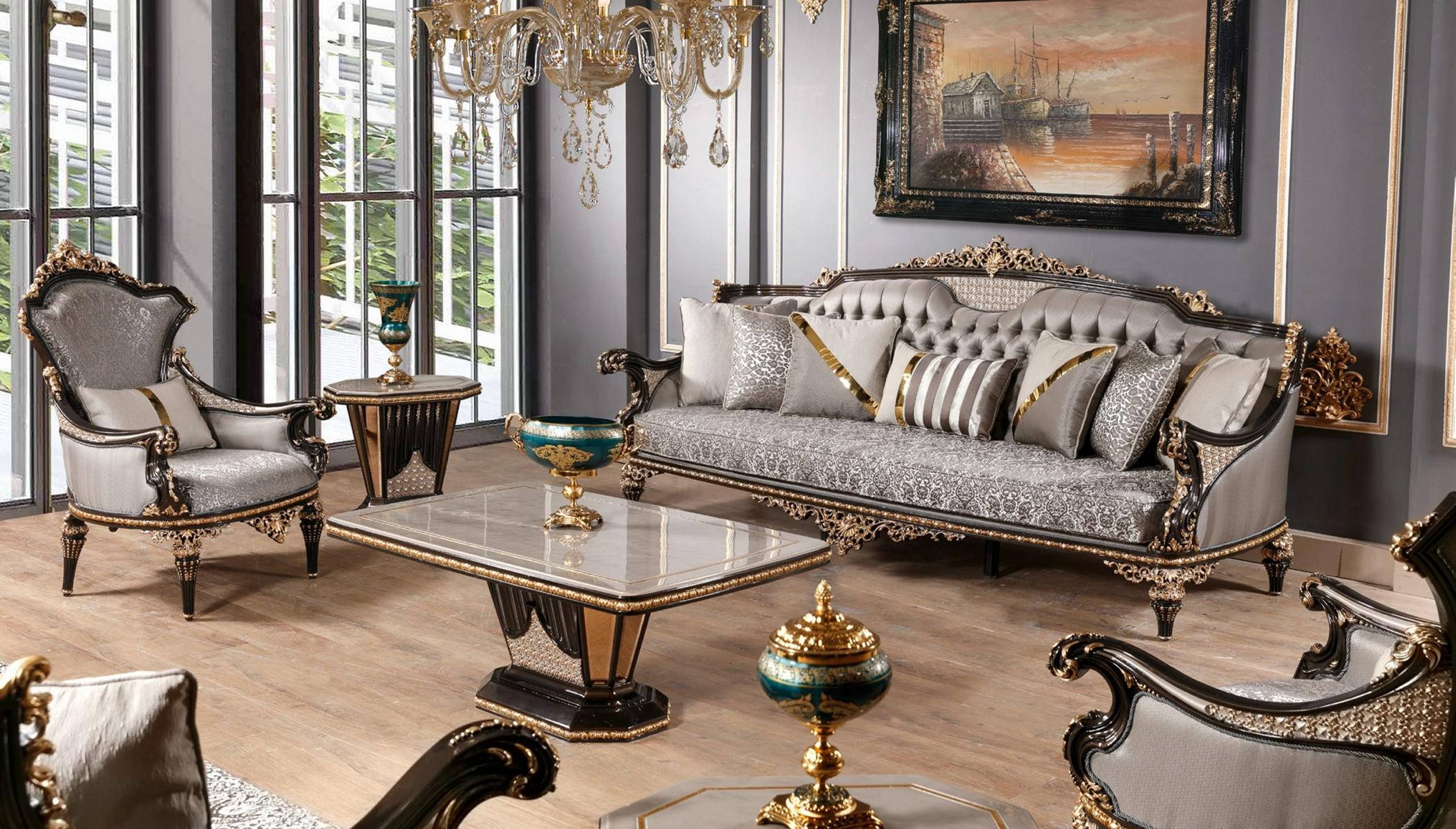 Chesterfield sofa set 3+1 seater coffee table 3-piece sofa set gray