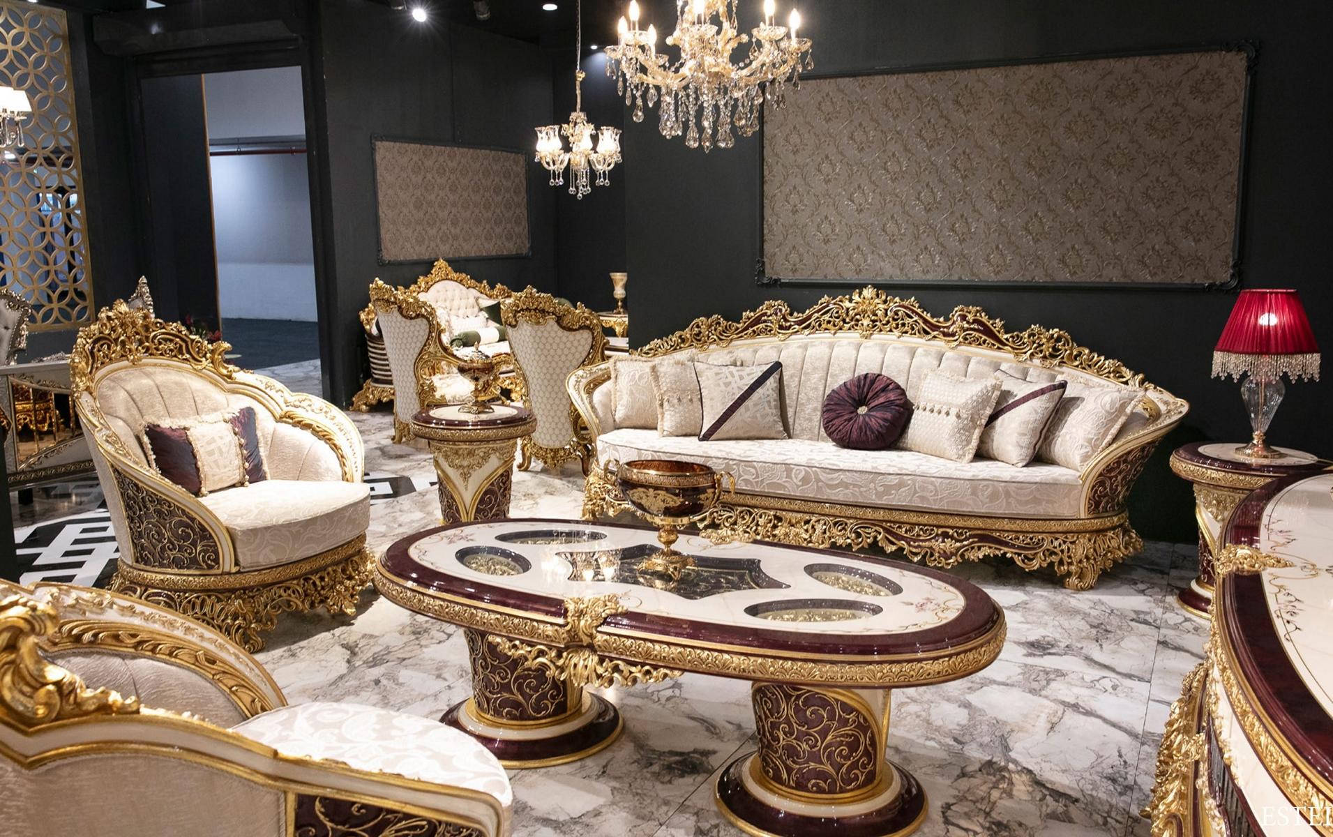 White-Gold Chesterfield Sofa Set 3+1 with Coffee Table Set 3 pieces Sofa