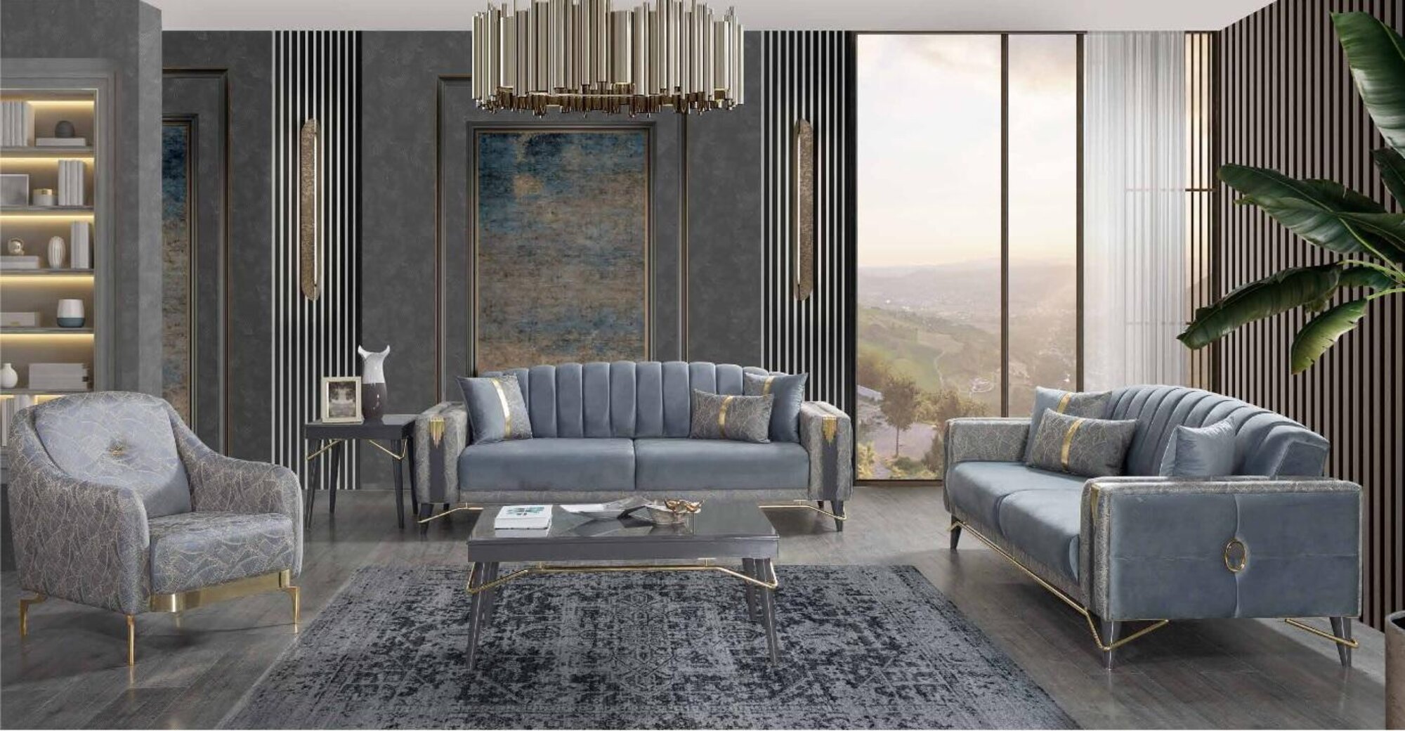 Luxurious gray upholstered sofa set living room 3-seater textile armchair