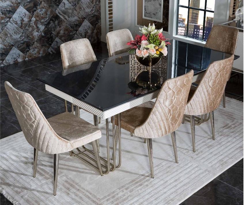 Black and white dining room glass table designer fabric chairs dining room furniture