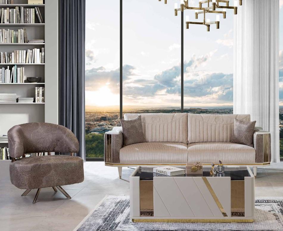 Modern living room set designer beige three-seater armchair coffee table