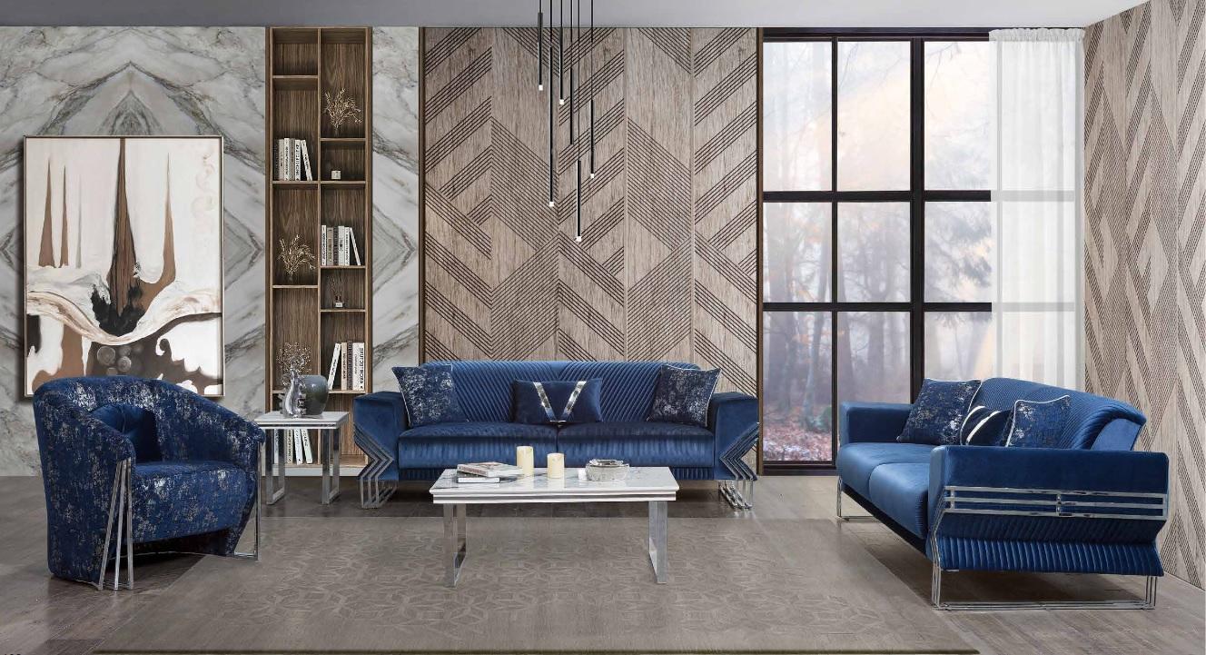 Living room blue couch set designer three-seater armchair coffee table